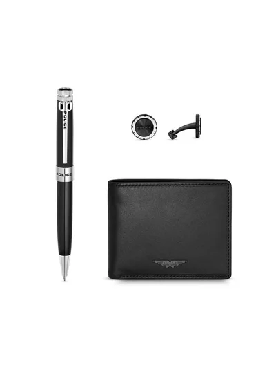 POLICE Amasis Pen, Leather Wallet & Cufflinks Gift Set for Men